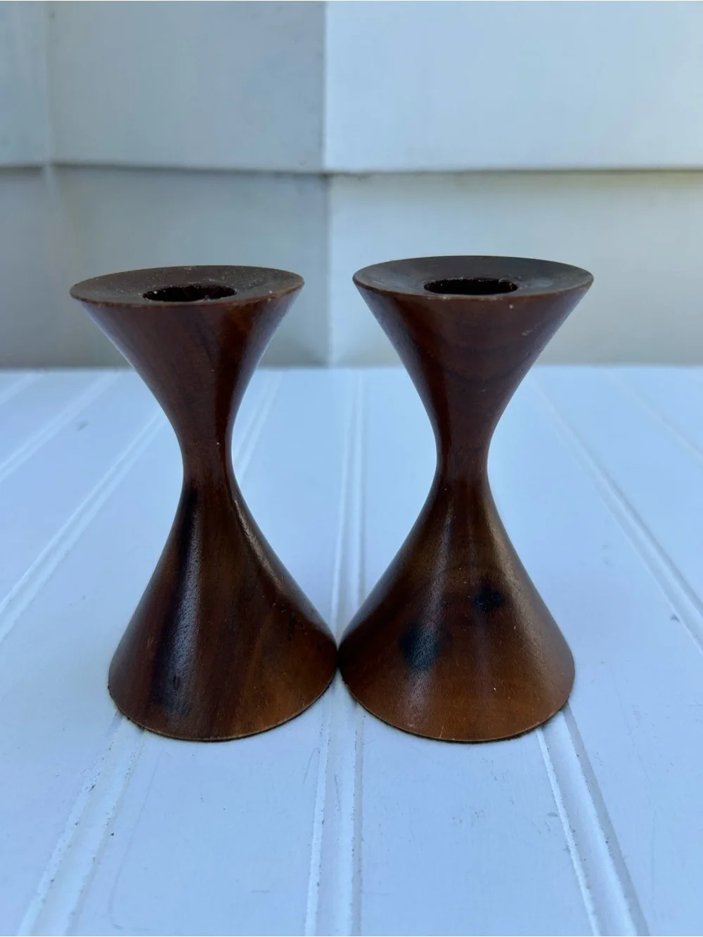 Vintage Candle Holders Mid-Century Modern Brown Wooden Hourglass Lot of Two 4”